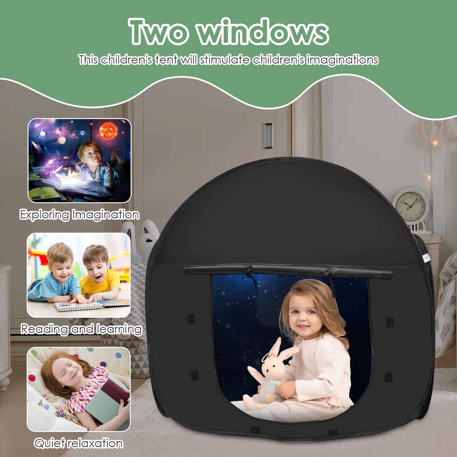 Rdjeokf Pop up Blackout Calming Tent with 2 Windows 1 to 2 People Calm Corner Tent Portable Kids Sensory Tent Hideout Den Children Indoor Tent for Autistic Children