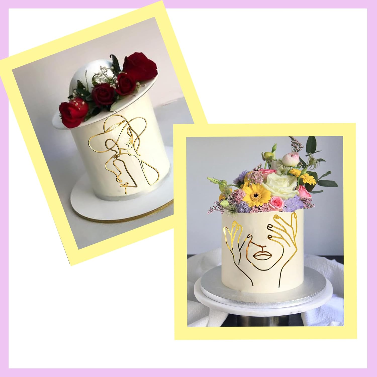 10 PCS Boho Cake Toppers Acrylic Minimalist Art Line Lady Face Cake Decorations for Wedding Bridal Shower Woman Girl Birthday Party Supplies (Gold)