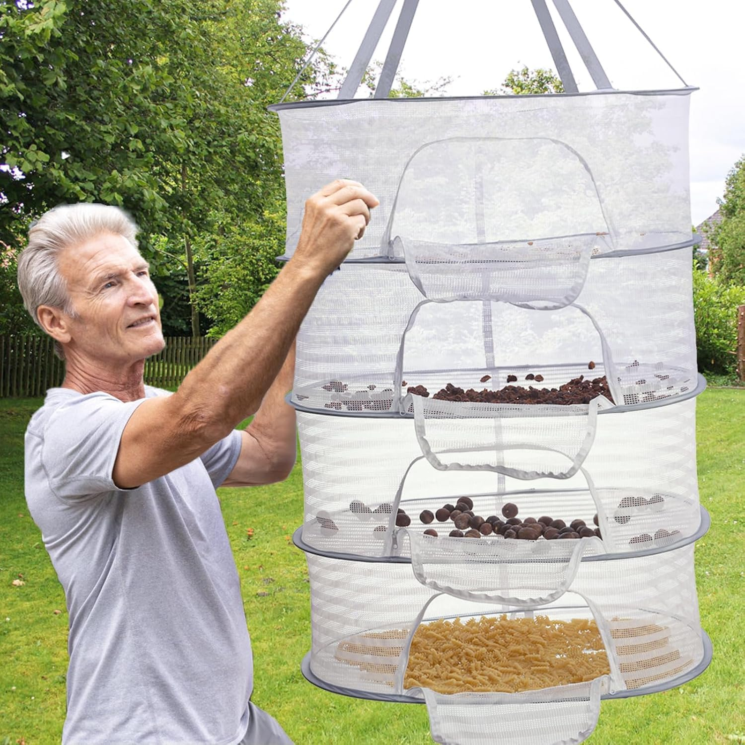 Herb Drying Rack, 4 Layers Hanging Mesh Net with Zipper, Rack Netmesh Hanging Dryer, Closure Foldable Mesh Drying Rack for Clothes Toys Vegetables Fruits Fish (White) image number 4