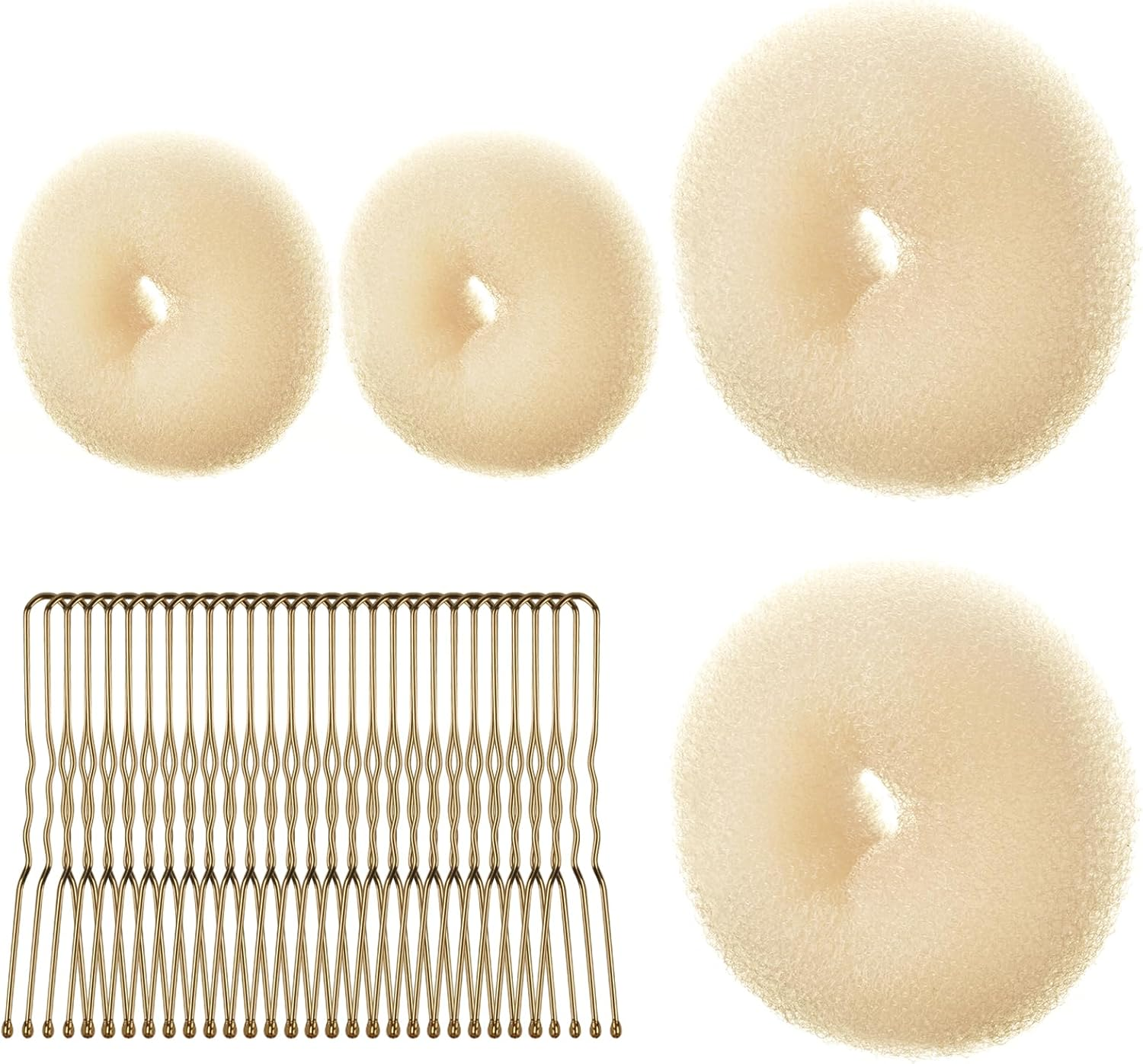 URAQT Hair Donut Bun Maker Set, 4 Pcs Ring Style Donut Bun Shaper with 30 Hair Pins, Blonde Chignon Doughnut Bun Hair Accessories for Girls Kids Women DIY Chignon Hair Styles