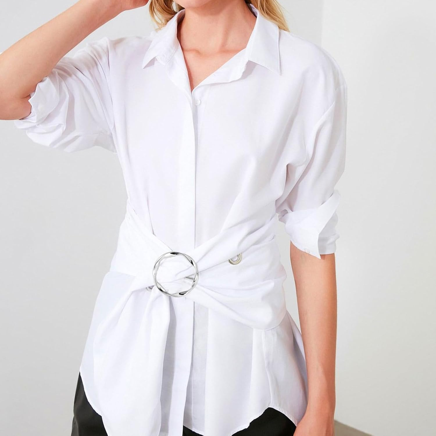 6PCS Silk Scarf Ring Silver Zinc Alloy T-Shirt Tie Clips, Elegant Scarves Waist Cinchers Clasps Rhinestone Clothing Wrap Holder, round Shirt Clips Tightener for Women Loose Tshirt Clothes Scarf image number 3