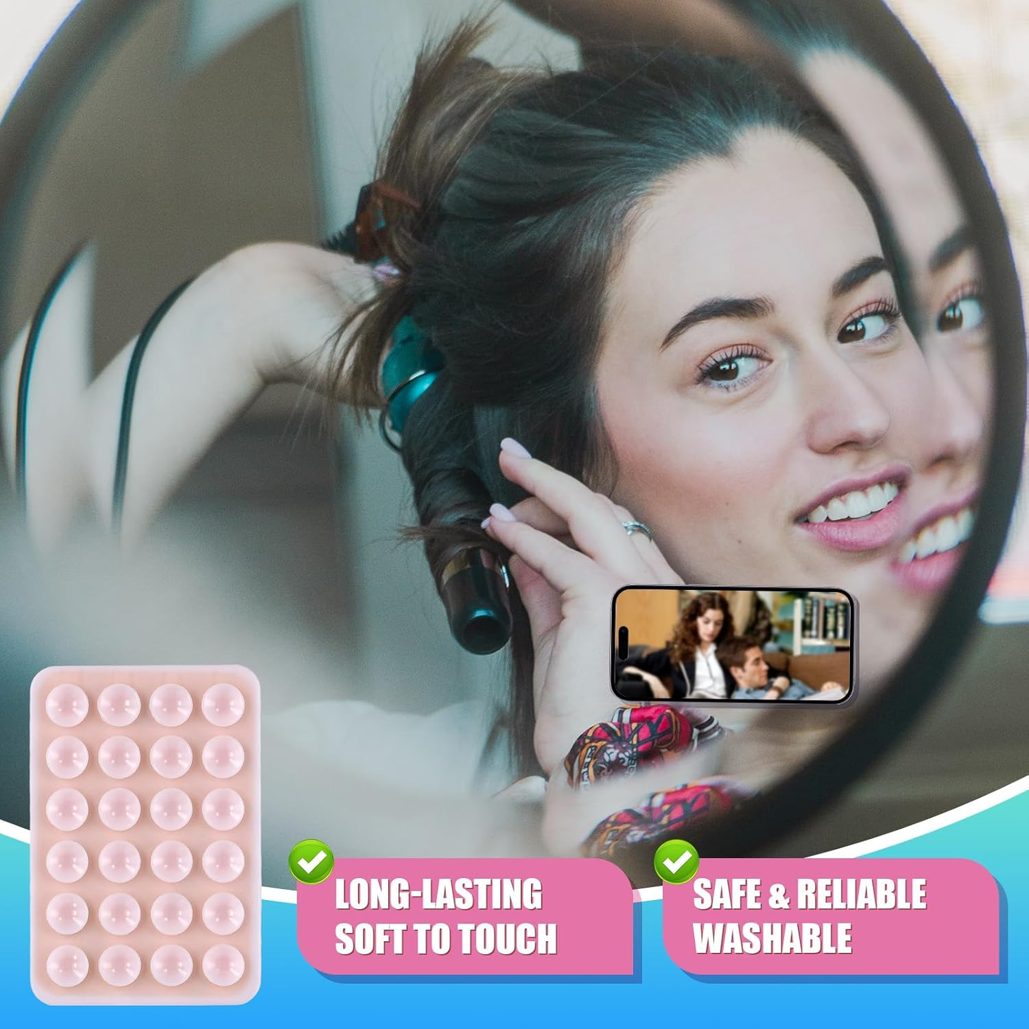 5Pcs Phone Suction Holder, Non-Slip Silicon Adhesive Phone Stand Sticky Phone Mount with 24 Suction Cups Hands-Free Phone Accessories Holder for Selfies and Videos(Light Pink) image number 1