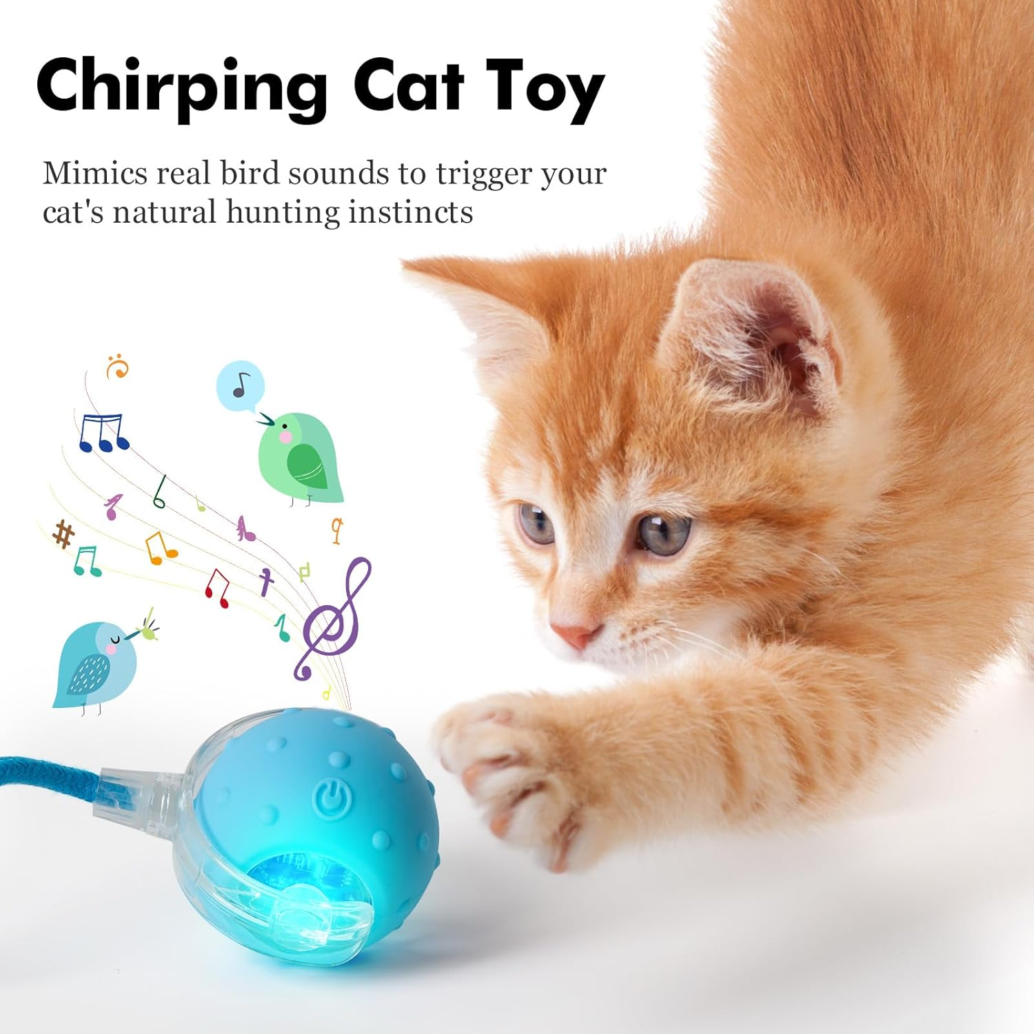 Interactive Cat Toy Ball for Indoor Cats, Upgraded 3.0 Automatically Moving Cat Toy Ball with Bird Sound, USB-C Rechargeable (Blue) - Blue image number 2