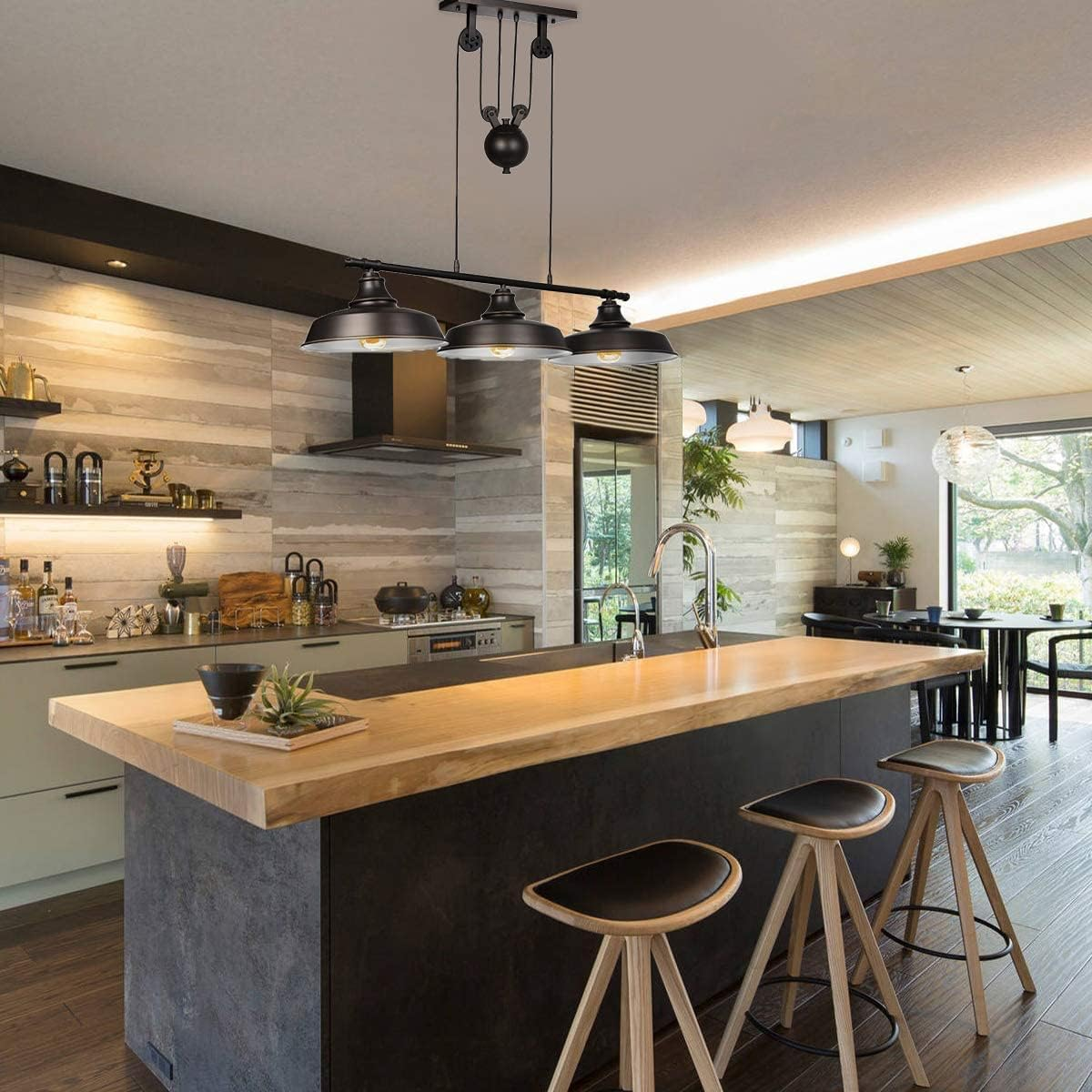Ganeed 3-Light Upgraded Pulley Pendant Light,Rustic Kitchen Island Lights with Metal Shades,Adjustable Hanging Height,Industrial Vintage Ceiling Lights Fixture for Dinner Room Farmhouse Bar image number 6