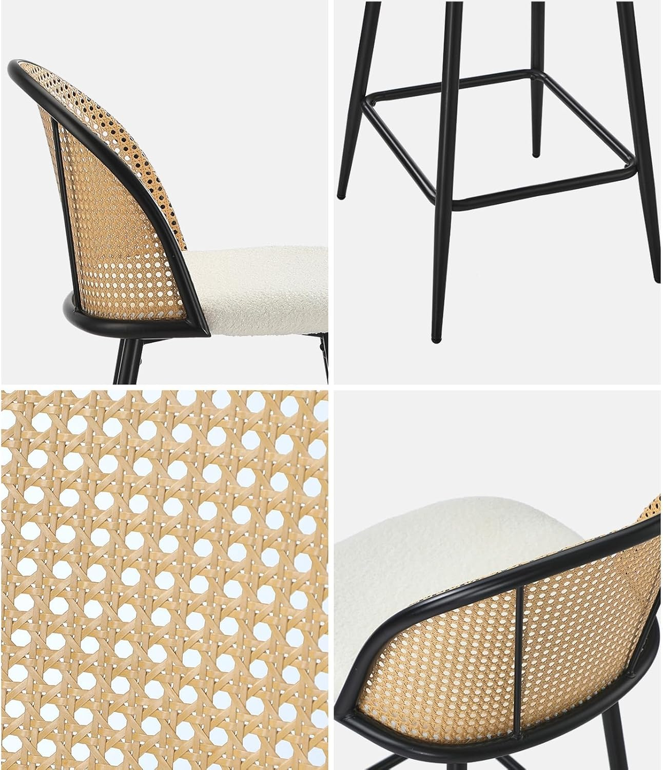 Oikiture Bar Stools Set of 2 Boucle Fabric Bar Stools with PU Rattan Backrest Counter Kitchen Chairs Dining Chair, White image number 4