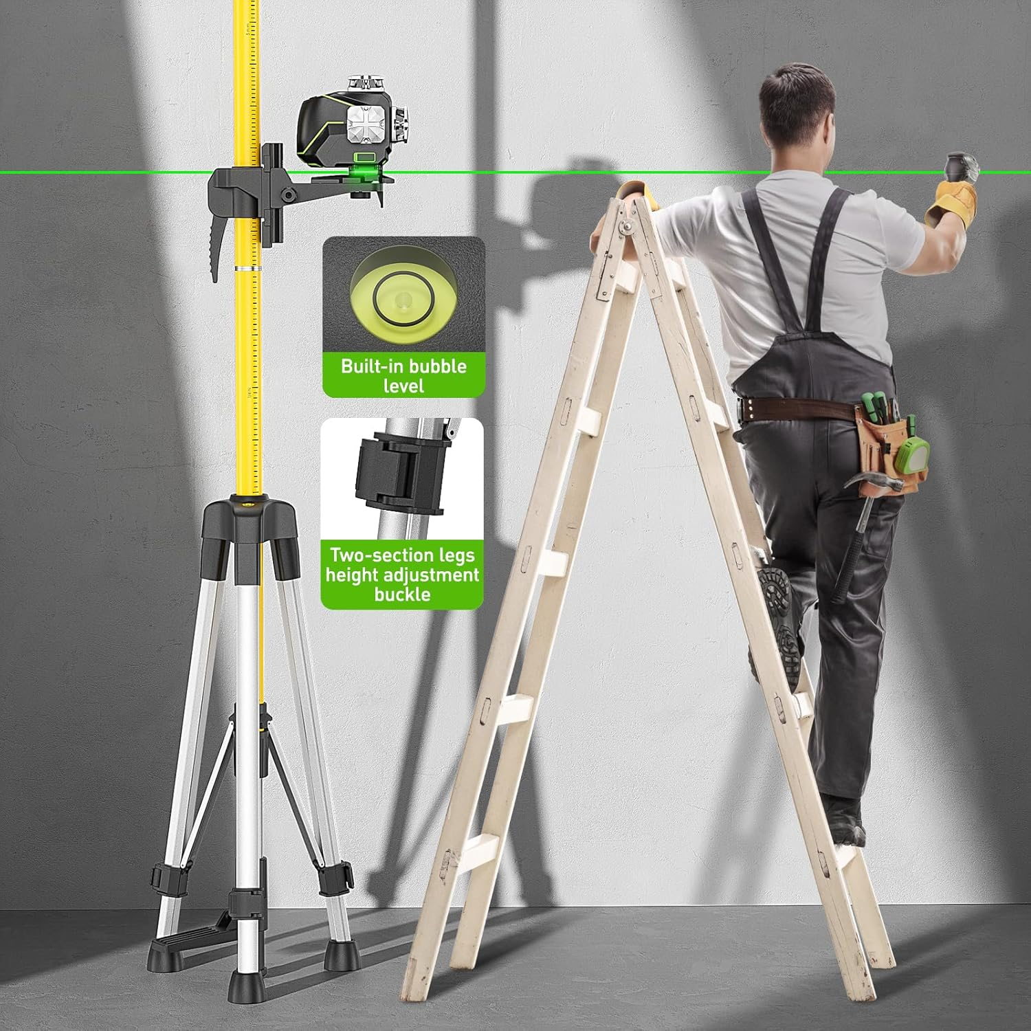 Huepar 3.7M /12 Ft. Professional Laser Level Pole with Tripod and 1/4"-20 Inch Laser Mount for Rotary and Line Lasers, Adjustable Telescoping Laser Pole with 5/8"-11 Threaded Adapter-Lp36A image number 6