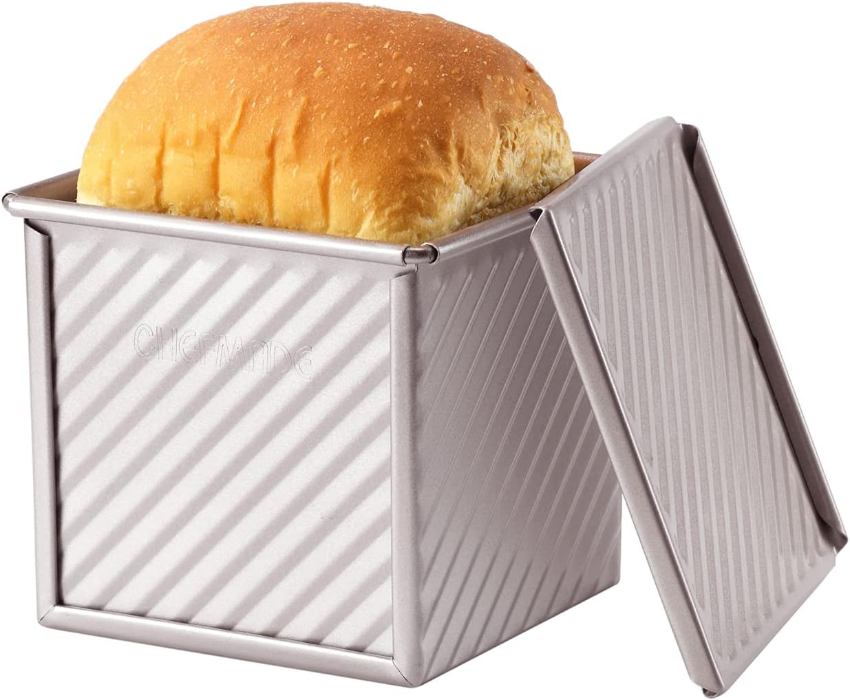 CHEFMADE Mini Pullman Loaf Pan with Lid, 0.55Lb Dough Capacity Non-Stick Rectangle Flat Toast Box for Oven Baking 3.9" X 3.9"X 3.9"(Champagne Gold) image number 3