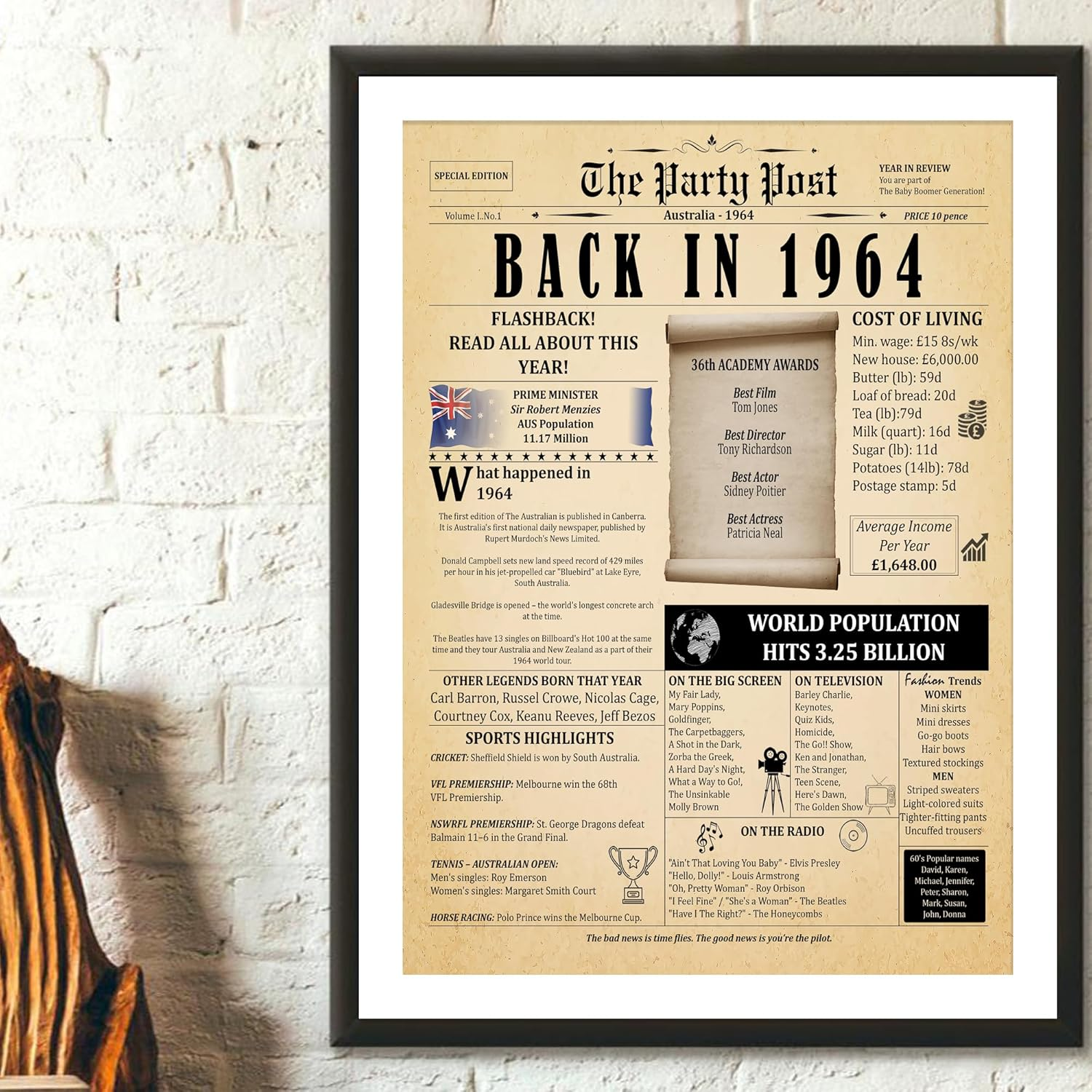 61St Birthday Party Decorations Poster - 61 Years Ago Anniversary Sign A3 Size. Vintage Home Decor Supplies for Her or Him. Back in 1964 Historical Banner for Women or Men Turning 61 Years Old - Back In 1964 image number 4