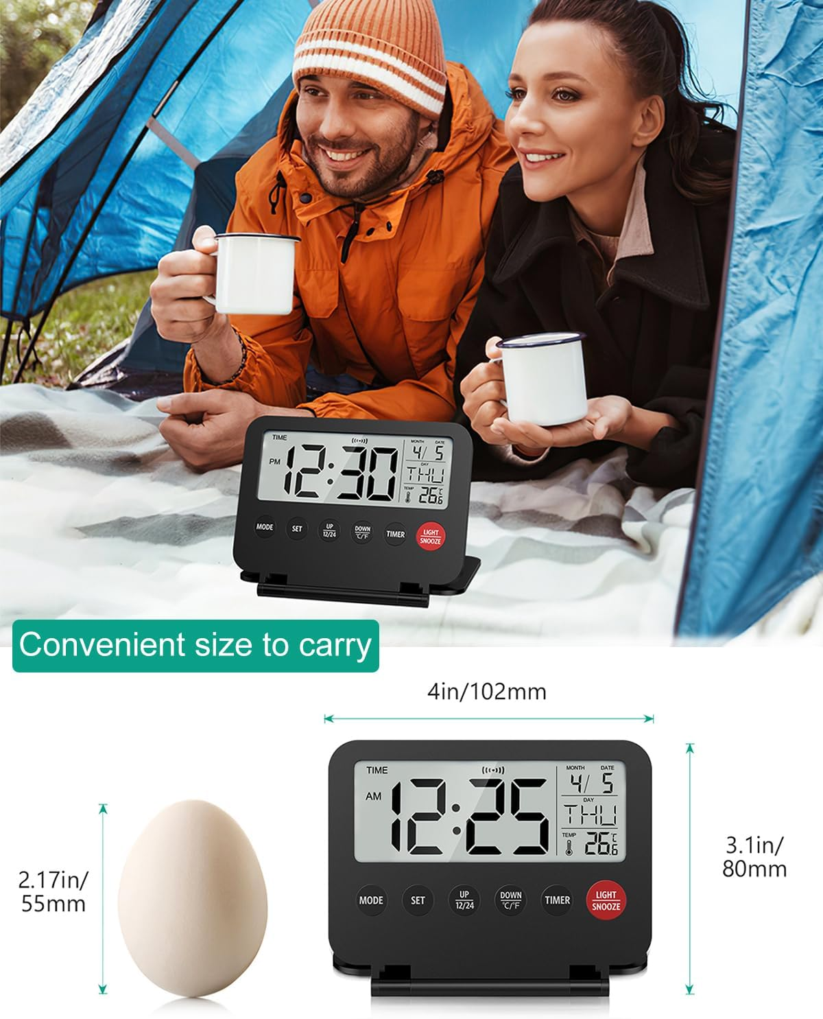 ORIA Digital Travel Alarm Clock, Small Foldable Alarm Clock, Battery Operated LCD Desk Clock, Simple Operation Calendar Clock with Backlight, Date, Temp, Snooze, for Home, Office,Travel