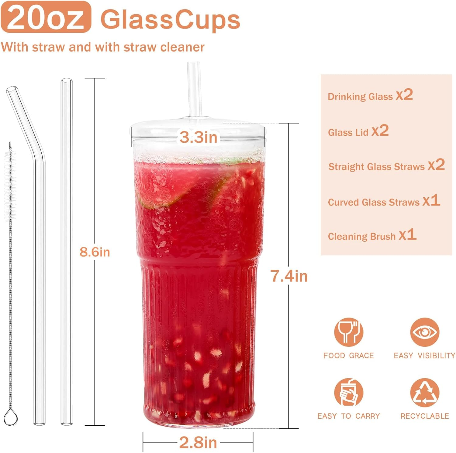 GOSCHE Glass Cups with Lids and Straws, 20Oz Glass Cups Drinking Jar, Clear Iced Coffee Cups, Vintage Ripple Glass Tumbler for Water Coffee Tea, Clear, 2Pcs image number 4