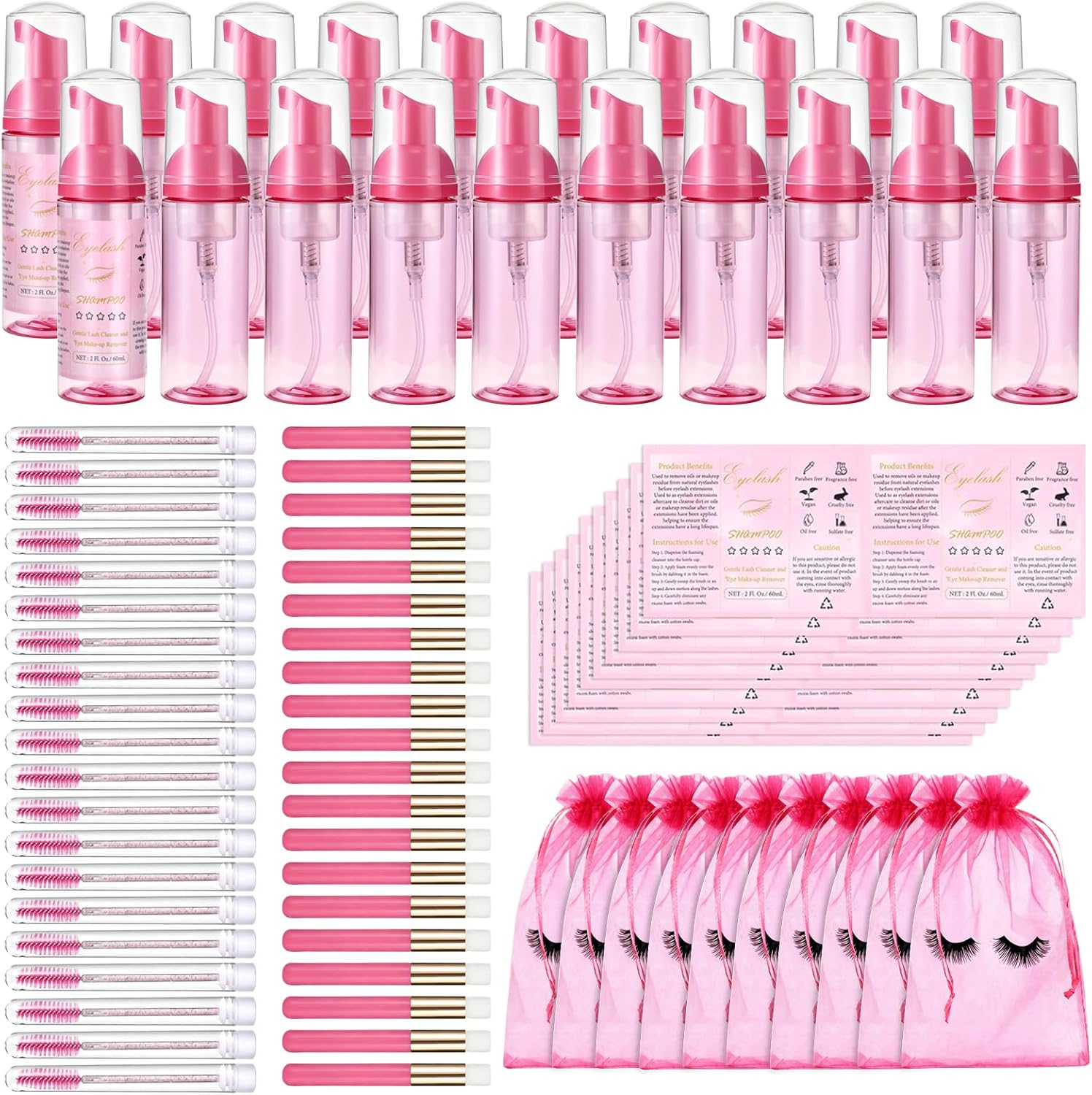 50 Pcs Lash Shampoo Bottle Brushes Set, Empty Lash Shampoo Bottles, Lash Shampoo Label Stickers, Mascara Wands and Tubes Eyelash Brush, Lash Cleansing Brushes, Bag for Lash Extensions Aftercare(Black)