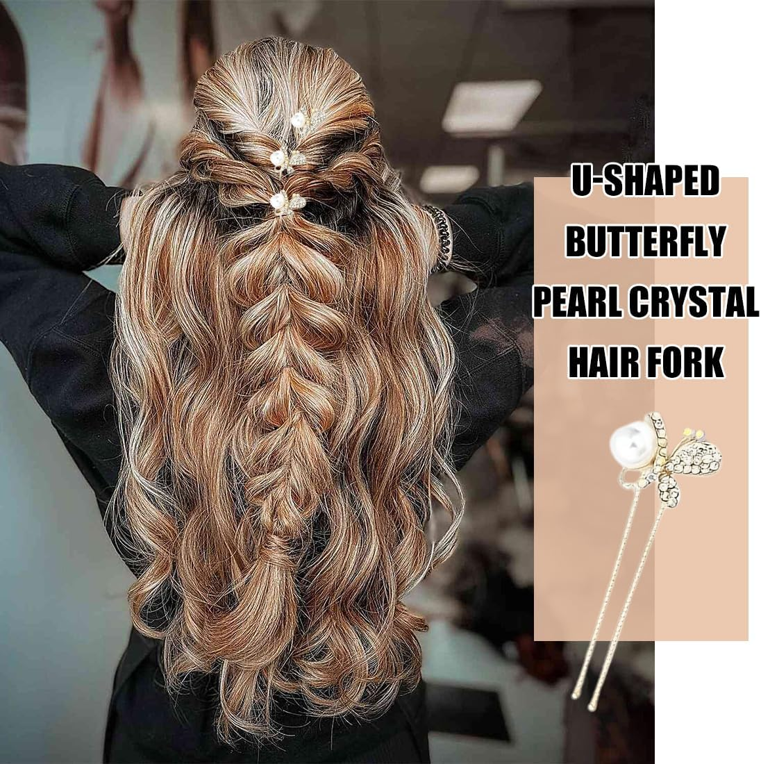 4 Pack Butterfly Pearl Rhinestone Hair Clips, U Shaped Hair Accessories, Pearl Hair Accessories, U Shaped Pearl Hair Clips Set for Wedding, Bride, Bridesmaid, Girls and Women image number 2