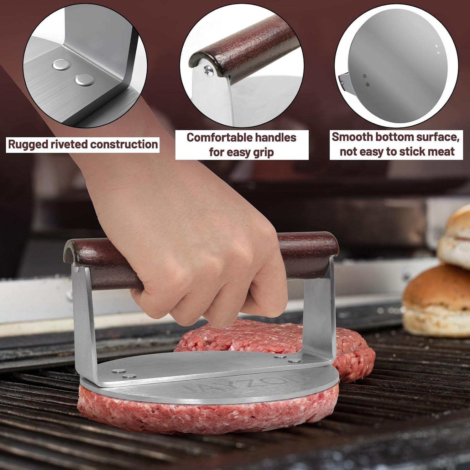 5.98" Stainless Steel Burger Press,720G round Burger Smasher with Wood Handle,Heavy Duty Smooth Non-Stick Meat Press for Cooking Burgers, Steaks, Bacon, Sausages, BBQ image number 5