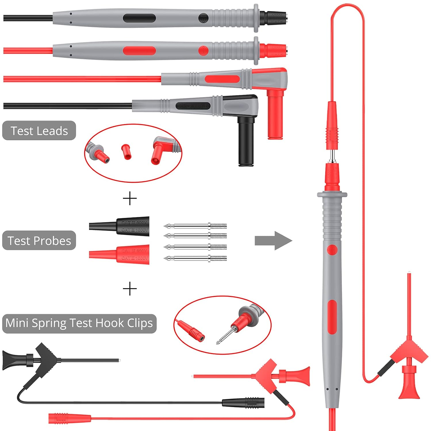 Proster Multi Test Leads Kit 21 In-1 Electrical Multimeter Test Lead with Alligator Clips Test Probe Spring Grabber Banana Plug Volt Meter Leads for Voltage Circuit Tester image number 6