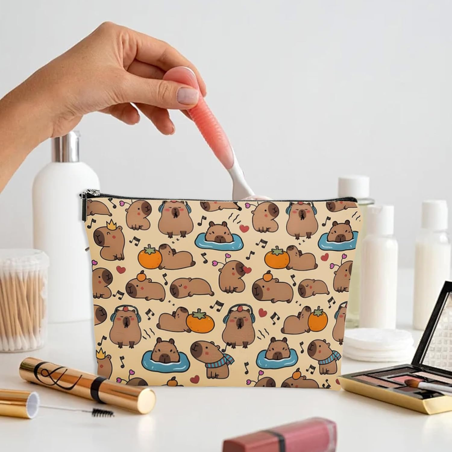 FOSDICK 2 Pieces Capybara Makeup Bag, Linen Make up Bag, Cute Capybara Cosmetic Bags, Portable Makeup Bags, Makeupbag with Zipper, Make up Pouch for Cosmetics, Toiletries, Gifts for Women Girls