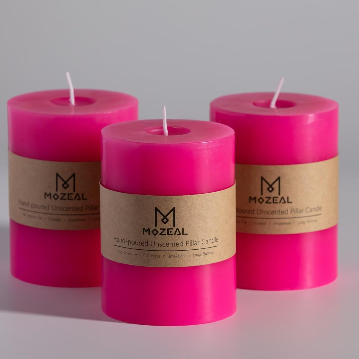 MOZEAL 3" X 4" Hand-Poured Unscented Hot Pink Candle, Dripless Fuchsia Pillar Candle Set of 3, Long Clean Burning, Approx 72 Hours Burn Time, Rustic Country Style, Home Decor image number 5