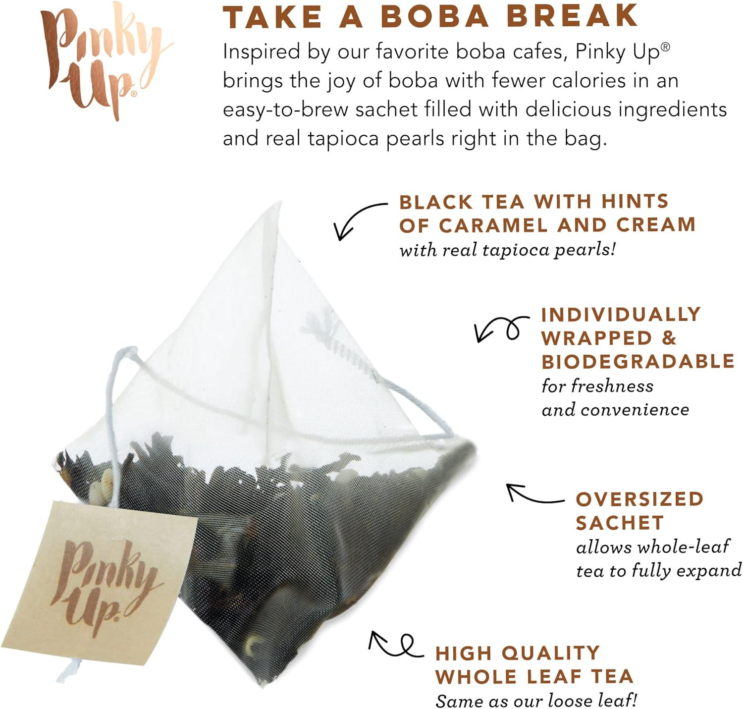 Pinky up Brown Sugar Boba Tea Sachets - Calorie Free Whole Leaf Black Tea Bubble Tea - Boba Gift 12 Biodegradable Tea Bags image number 1