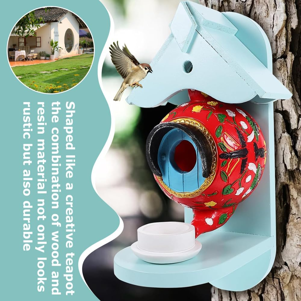 Bird Houses,Birds Feeder House,Tea Cup Bird Feeder,Vintage Wall Hanging Resin Decoration,For Outdoors Garden Patio Backyard Wall Decor,For outside (Red) image number 4