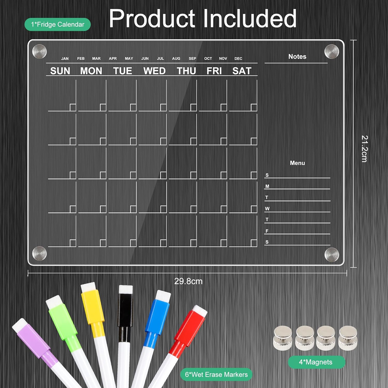 JUNART Acrylic Magnetic Fridge Calendar for Efficient Life Planning, Reusable Planner Includes 6 Markers,4 Magnetic Holders - 21X29 Monthly Fridge Planner image number 4