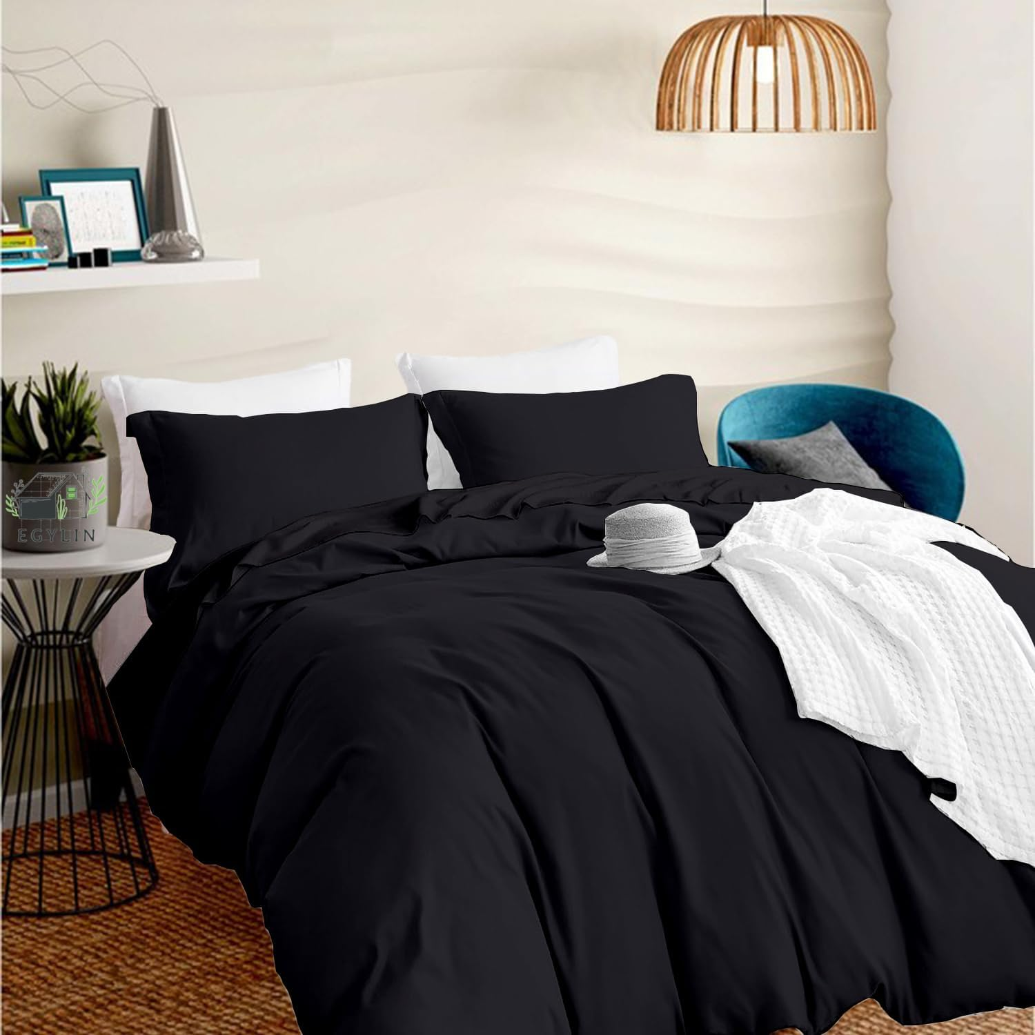 EGYLIN 800 TC Egyptian Cotton Black Duvet Cover Set Double Size 100% Long Staple Cotton Black Quilt Cover with 2Pc Pillowshams, Luxurious Soft Sateen Bedding Set
