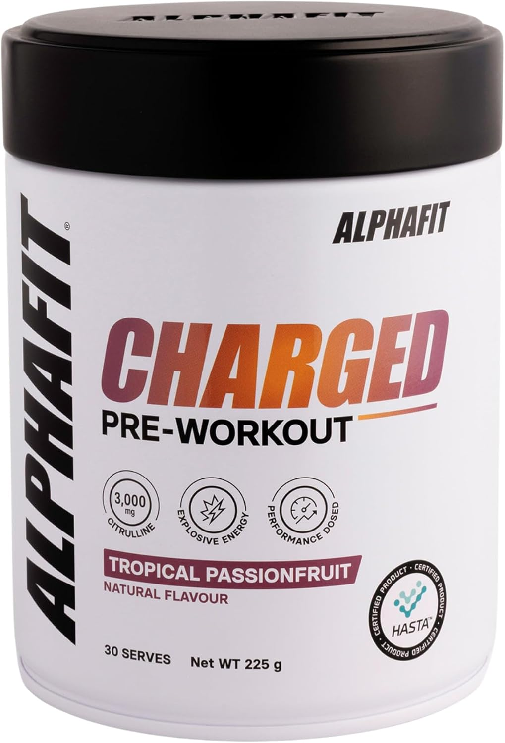 ALPHAFIT Charged Pre-Workout Powder, Tropical Passionfruit, Natural Caffeine + Beta-Alanine, HASTA Certified, 225G (30 Serves) image number 5