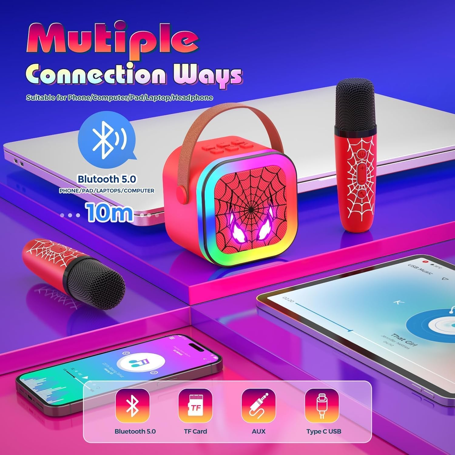 Karaoke Machine, Mini Portable Bluetooth Karaoke Machine with 2 Wireless Microphones, LED Lights, Speaker for Kids & Adults - Home Party, Birthday for Boys & Girls image number 1