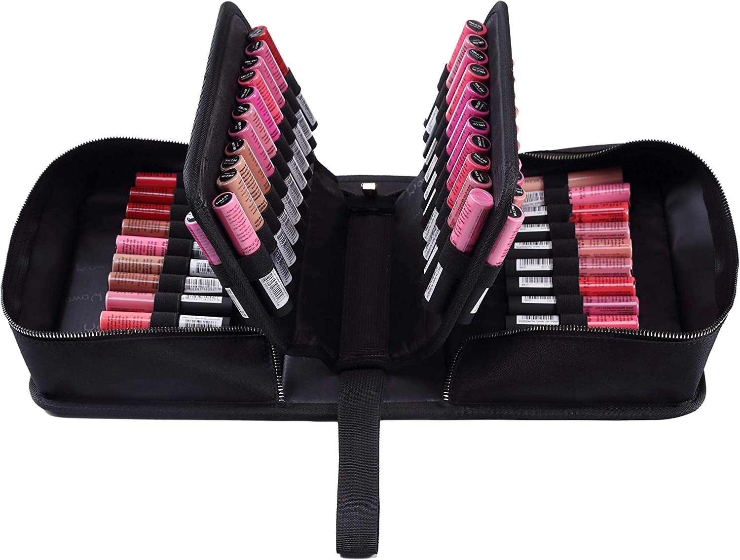 ROWNYEON Portable Lipstick Tester Case Lipstick Stock Case Holder Organization with Carrying Handle Lipstick Makeup Bag (26 Slot Golden Zipper Black)