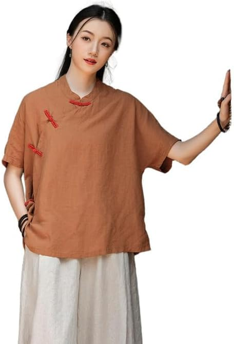 Women'S Chinese Linen Top Tang Style Half Sleeve Shirt Frog Button Blouse