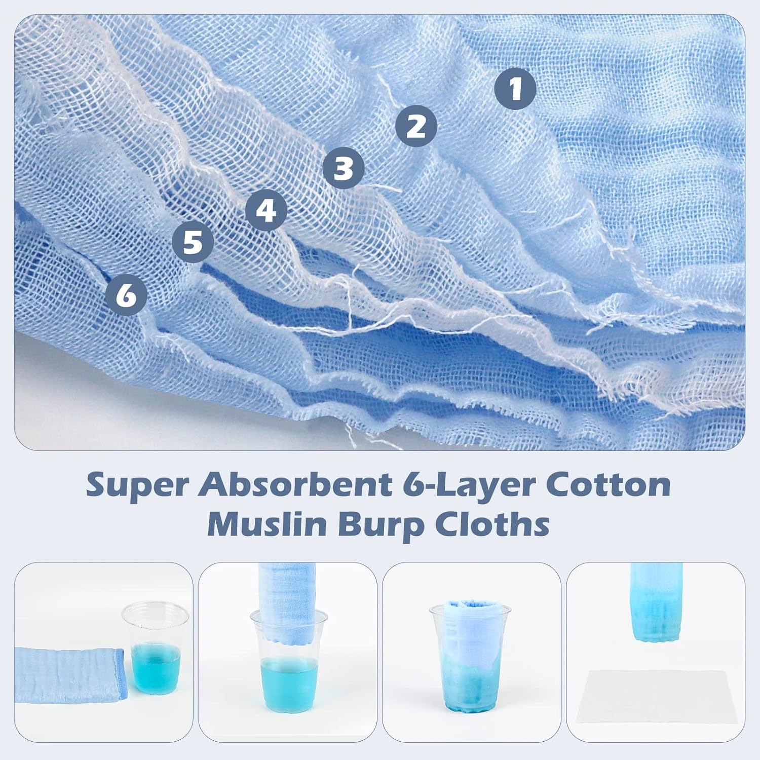 Maliton Muslin Cloths for Baby Boys& Girls, 6Pk 50X25Cm Burp Cloths, 100% Cotton Absorbent& Soft& Breathable 6 Layers Muslin Cloths Baby for Essentials for Newborn(Blue, 6+1 Pack) - Pink image number 5