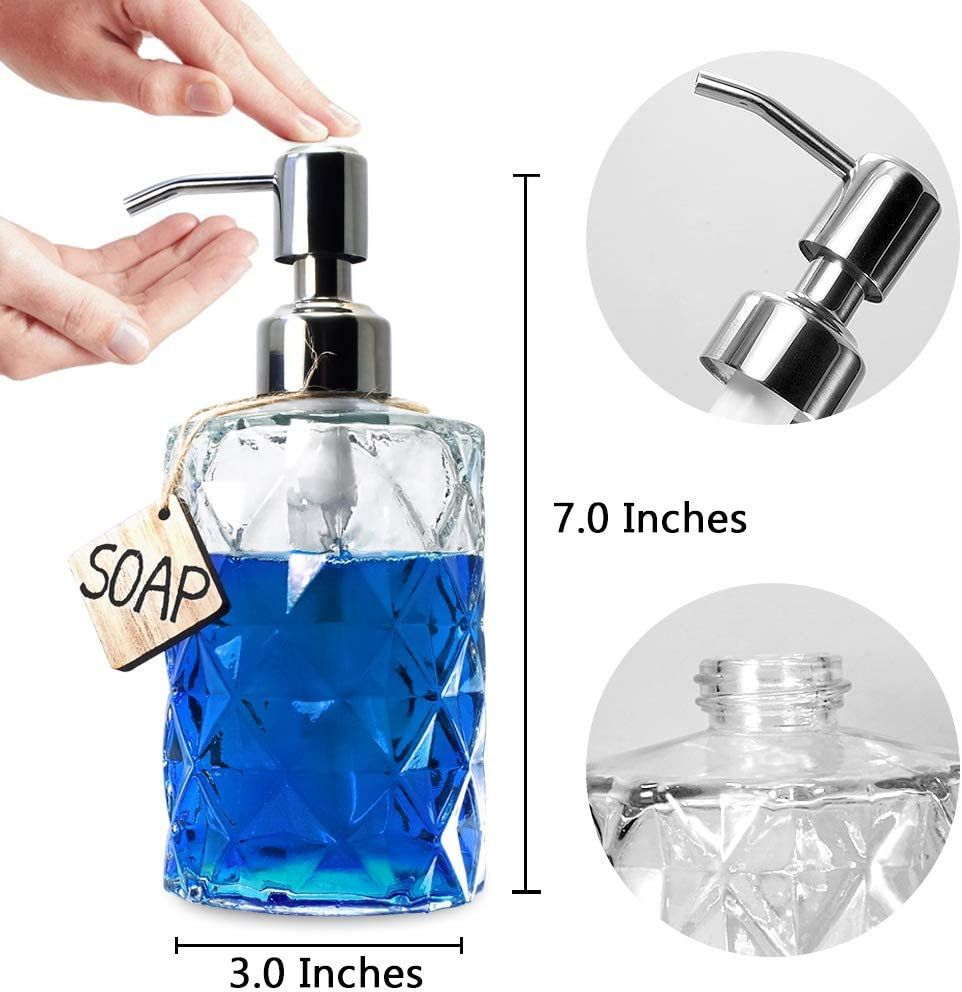 JASAI Diamond Design 12 Oz Glass Soap Dispenser, Kitchen Soap Dispenser with 304 Rust Proof Stainless Steel Pump, Bathroom Soap Dispenser for Hand Soap, Soap, Lotion(Clear). - Clearglass-Golden Pump image number 4