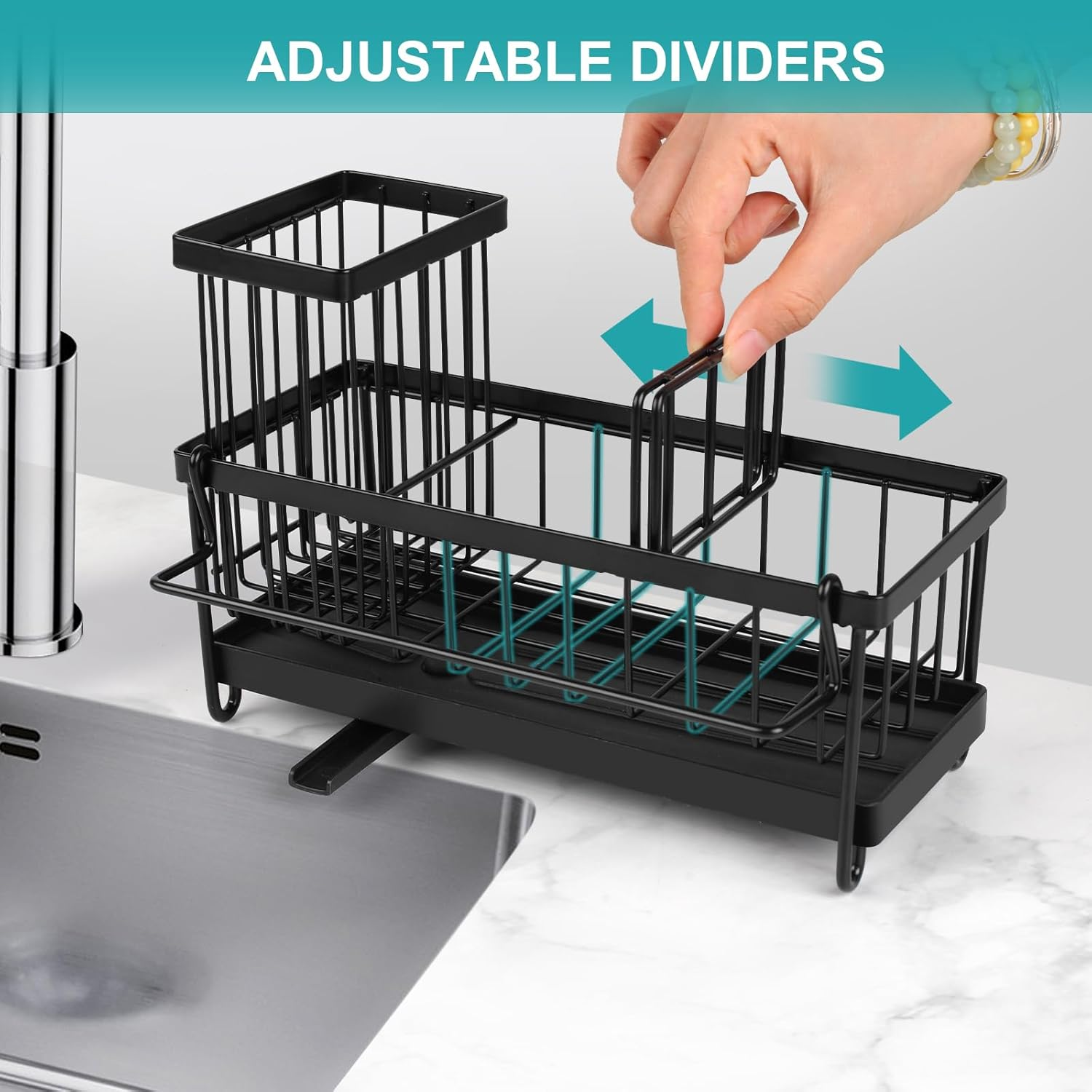 Sponge Holder for Kitchen Sink, Sink Caddy with High Brush Holder, Stainless Steel Dish Organizer Divider, Soap Dispenser Storage, Black image number 2