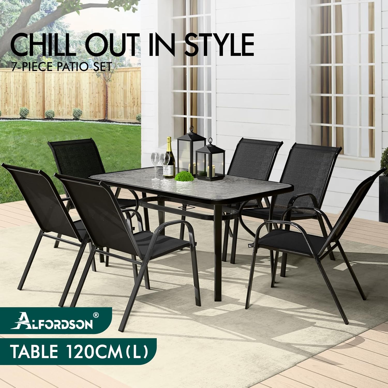 ALFORDSON 7 Pcs Outdoor Dining Set with Patio Table and Chairs, Black All-Weather Textilene Fabric Indoor Bar Set, Garden Patio Furniture for Patio, Garden, Lawn, Balcony and Swimming Pool Side - Black image number 6