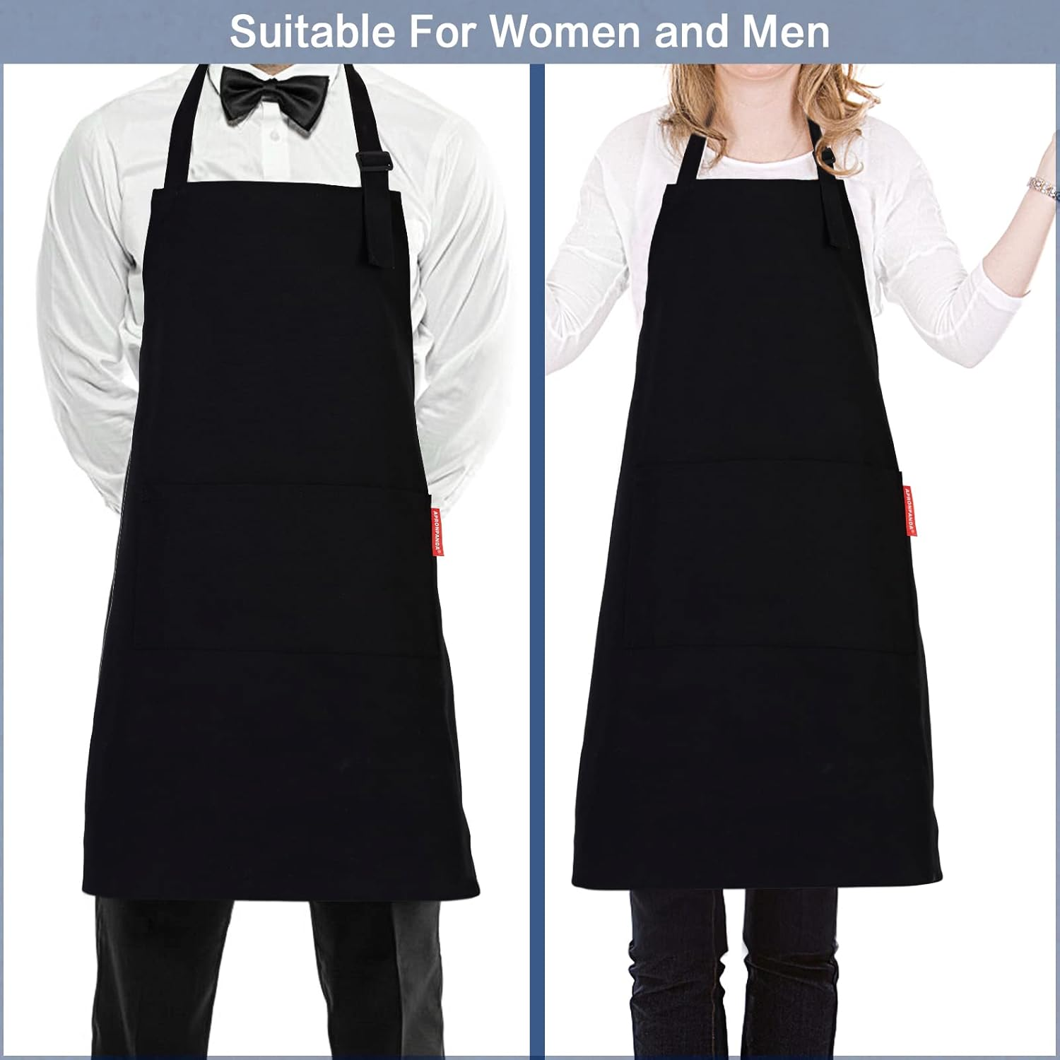 APRONPANDA Professional Adjustable Black 100% Cotton Apron with 2 Pockets Cooking Kitchen Chef Women Men Aprons for Home Kitchen, Restaurant, Coffee House, Baking Gardening BBQ image number 5