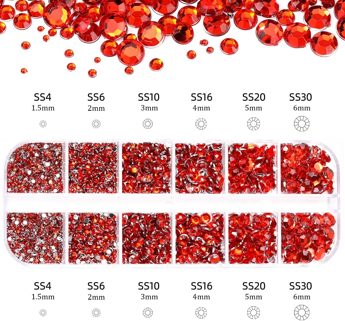 5320 Pieces Flat Back Gems round Crystal Rhinestones 6 Sizes (1.5-6 Mm) with Pick up Tweezer and Rhinestones Picking Pen for Crafts Nail Face Art Clothes Shoes Bags DIY (Red)