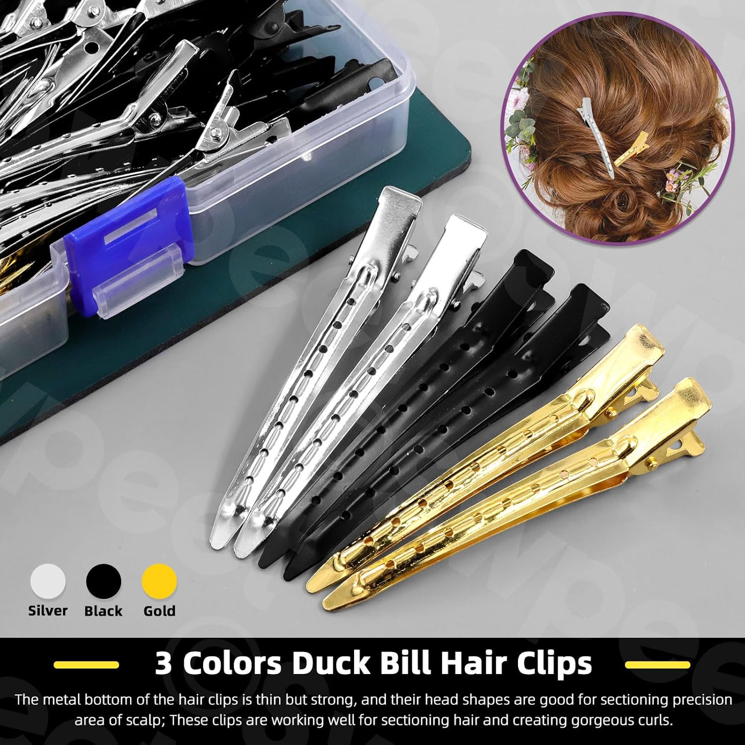 Swpeet 45Pcs Gold Silver Black 3.5 Inch Duck Billed Clips Kit, Metal Alligator Curl Hair Clips, Duckbill Long Hair Clips Ideal for Women Styling Sectioning, Hair Coloring and Salon image number 5