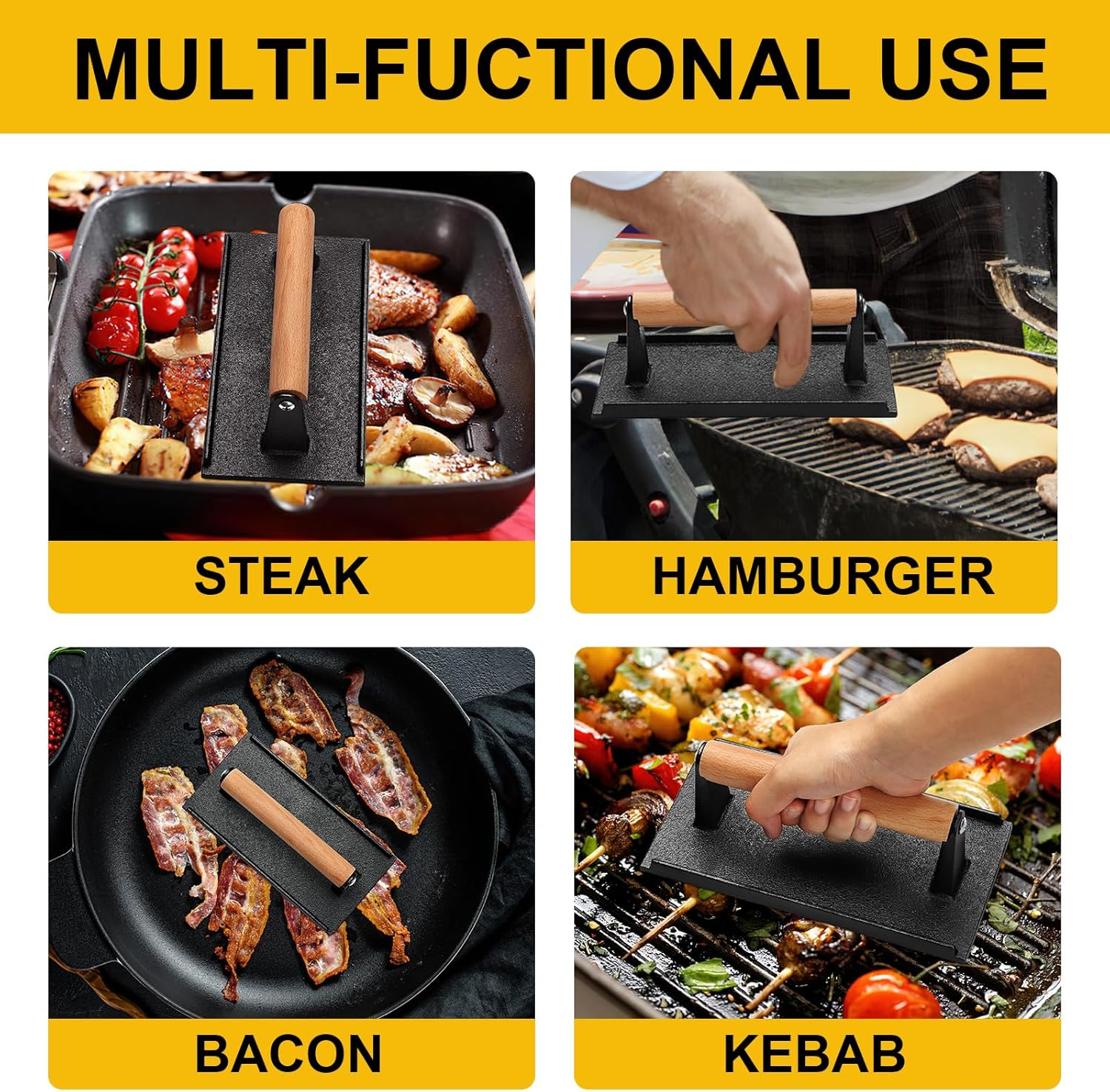 AIVIKI Burger Press, Smash Burger Press for Blackstone Griddle, Heavy Duty Cast Iron Rectangular 8.2X4.2In Bacon Grill Press with Wood Handle, Meat Steak Weight for Sandwich, Paninis (Rectangle) image number 6