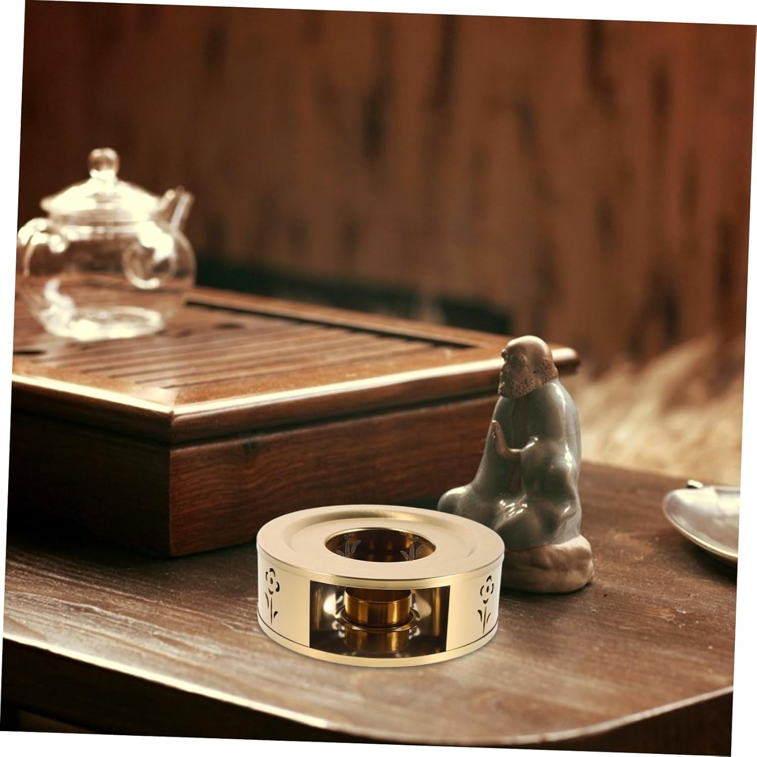 LOEFLIFA Stainless Steel Tea Warmer with Flower Pattern Tealight Holder Portable Warmer Base for Teapot Efficient Heat Maintenance for Coffee Espresso Milk for Indoor and Outdoor Use image number 1