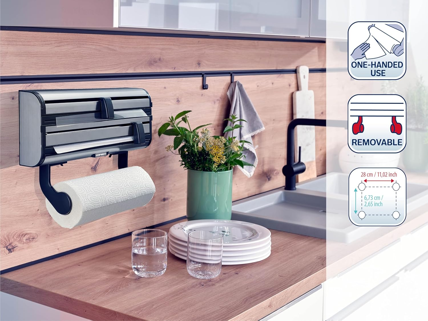 Leifheit Parat Royal 2.0 Wall Holder for 3 Rolls, Kitchen Roll Holder for Smooth Cut Edges, Paper Roll Holder for Handy Films, Foil Cutter with Razor-Sharp Blades Silver 38.5 X 16.2 X 8.5 Cm 25793 image number 2