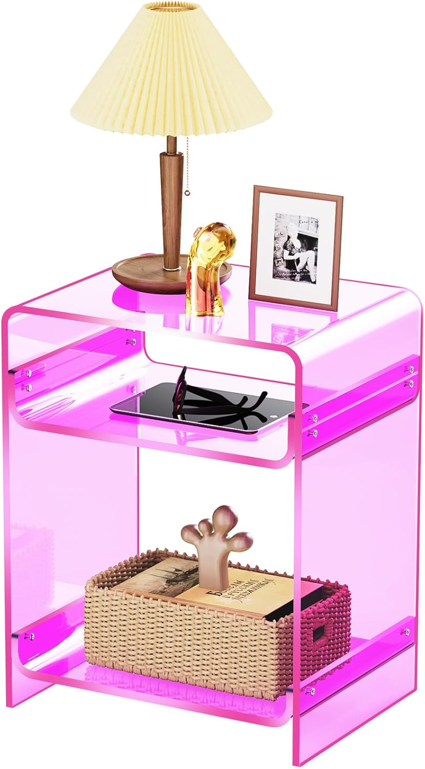 Acrylic Side Table Record Player Stand with Storage, Clear Nightstand Bedside Table End Table for Living Room, Bedroom (Orange)