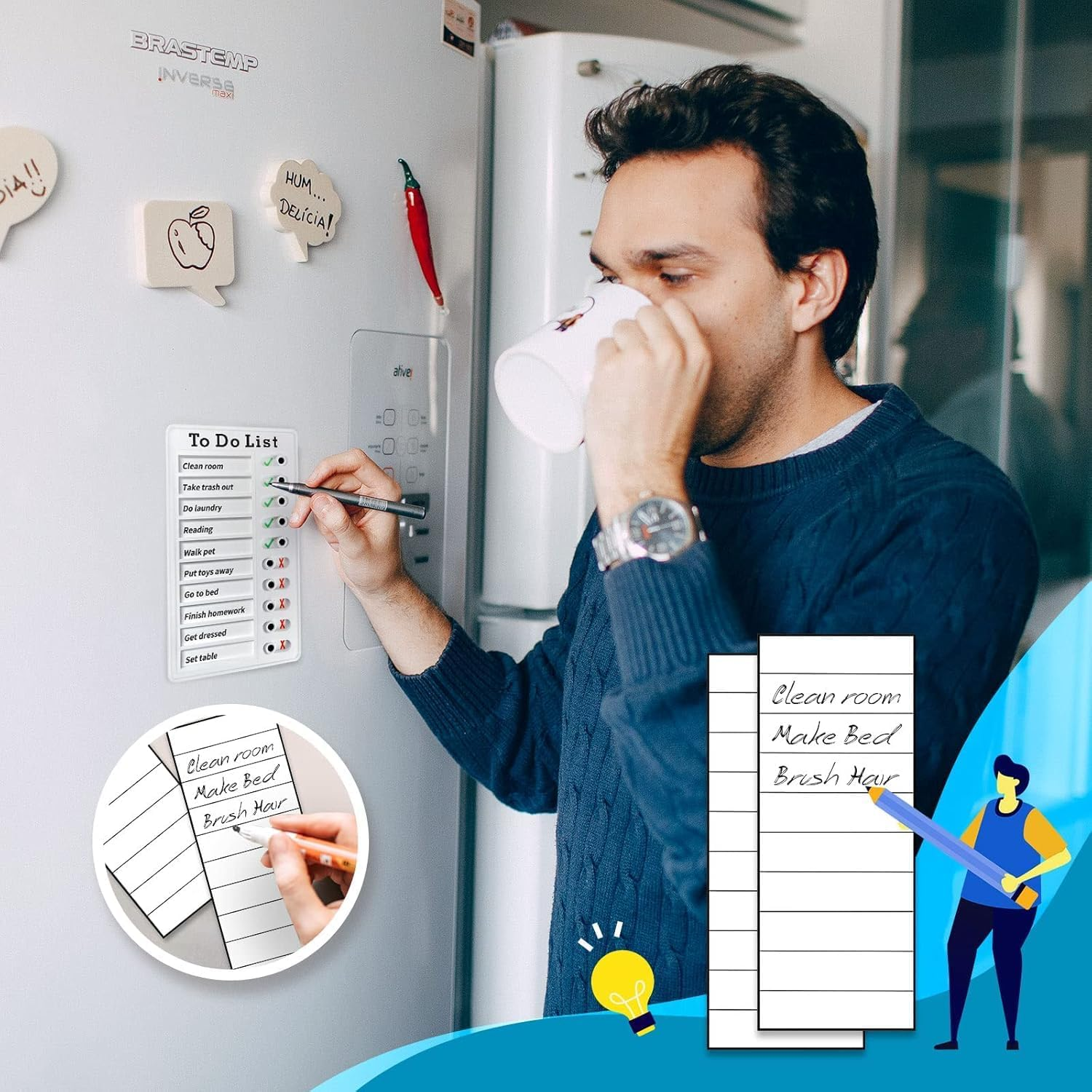 4 Pieces Blank to Do List Reusable,Family to Do List Chores Chart Board with 20 Detachable Cardstock,Sliding Chore Chart, Daily Schedule Planner Board for Home Office（White, Blue, Green, Pink） image number 3