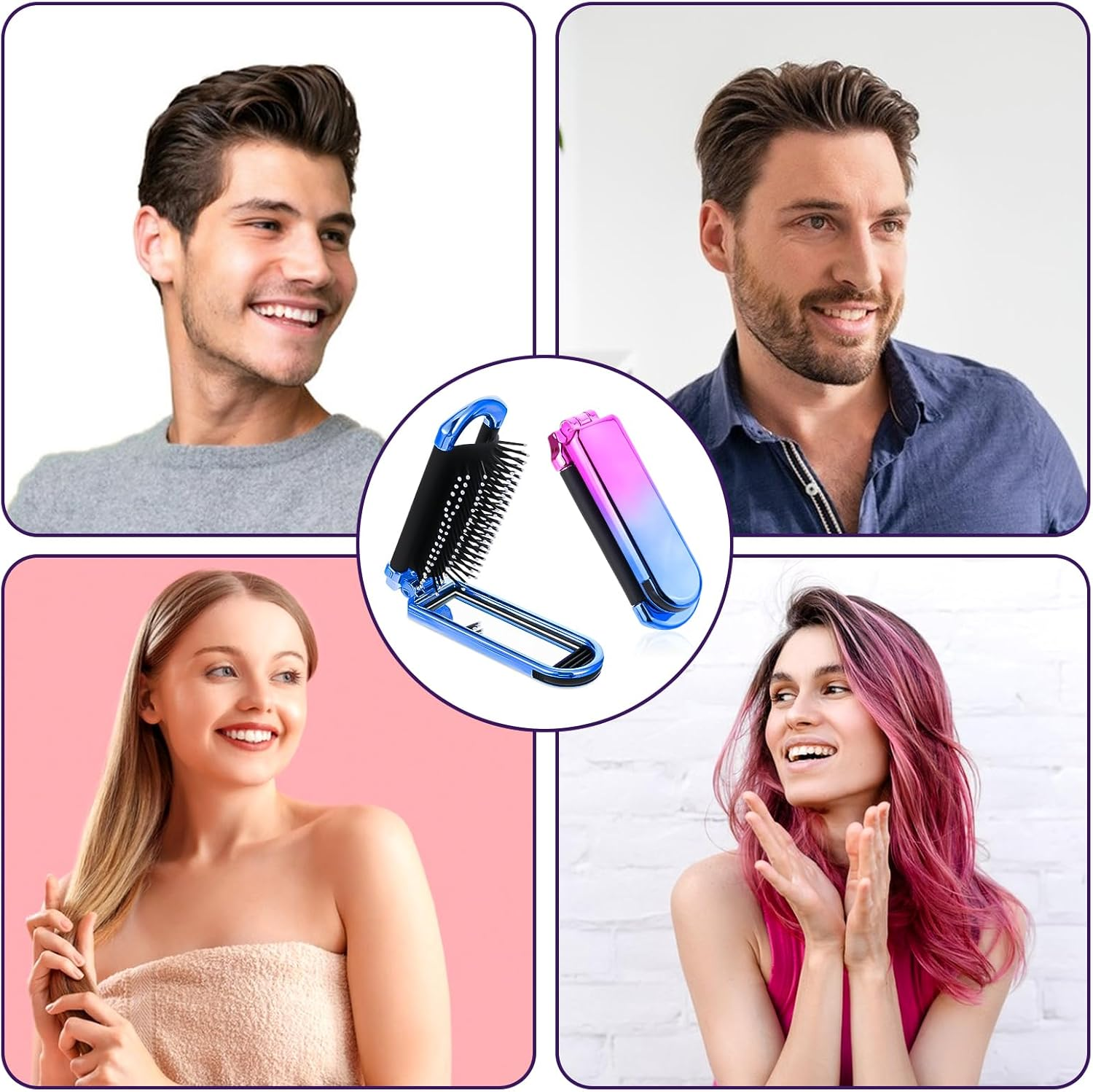 Travel Hair Brush with Mirror, Pack of 2, Foldable Wet Hair Brush, Hair Massage Comb in Travel Size, Compact Hair Brush for Women and Men, Hair Styling Tools (Pink & Blue) image number 3
