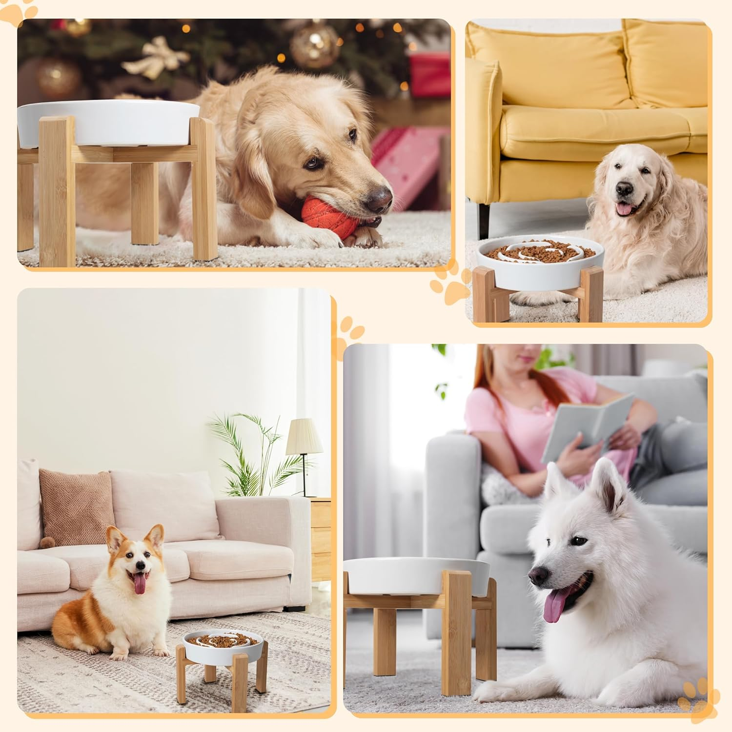 Elevated Slow Feeder Dog Bowl - Ceramic Food Dish with Bamboo Stand - Raised Maze Design - Ideal for Medium to Large Dogs - White - 8.8 Inch image number 5