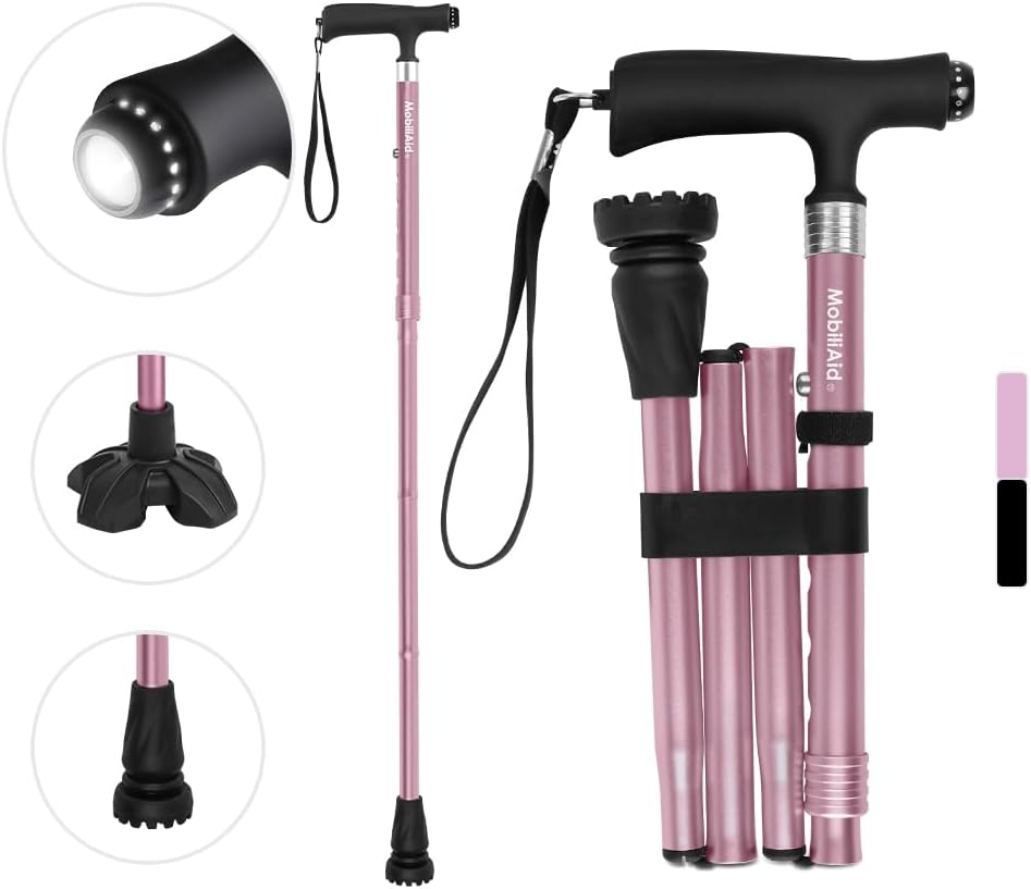 New Improved Mobiliaid Elegant Foldable Walking Stick with LED Light - Walking Sticks for Seniors - Folding Walking Stick Cane - Portable, Adjustable & Lightweight - Walking Cane for Daily Use/Travel