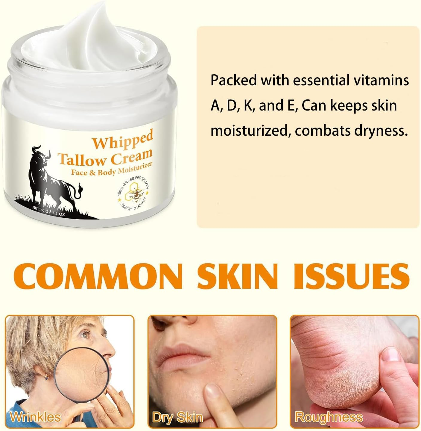 Beef Tallow & Honey Balm for Skin，Natural Moisturizer Tallow Balm with Raw Honey Deeply Nourishing for Face & Body(1Pcs) image number 1