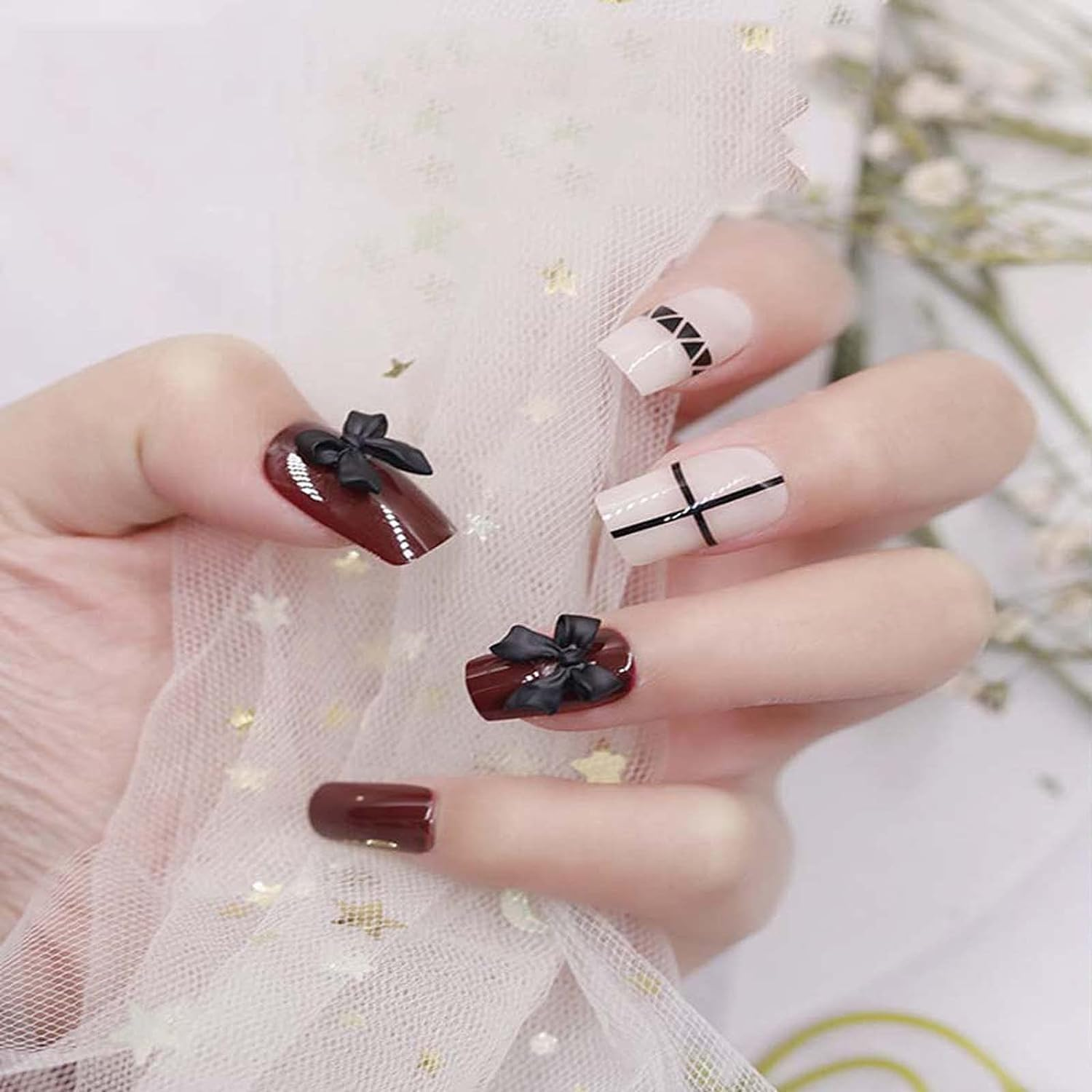 200Pcs 3D Colorful Aurora Bow Nail Art Decoration, Bow Nail Charms Nail Multi-Shape Charms Pendant Pearls Art Accessories(Black White) image number 1