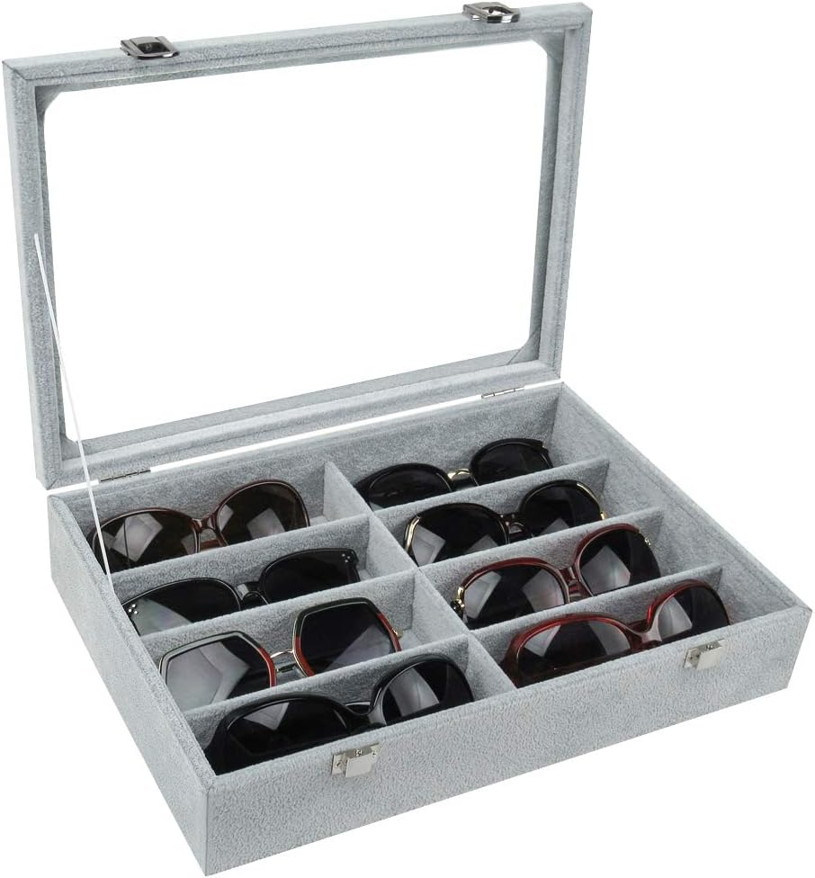 Tasybox Sunglasses Organizer Eyeglass Holder 8 Slot Eyewear Storage Box Velvet Display Case for Women and Men Grey