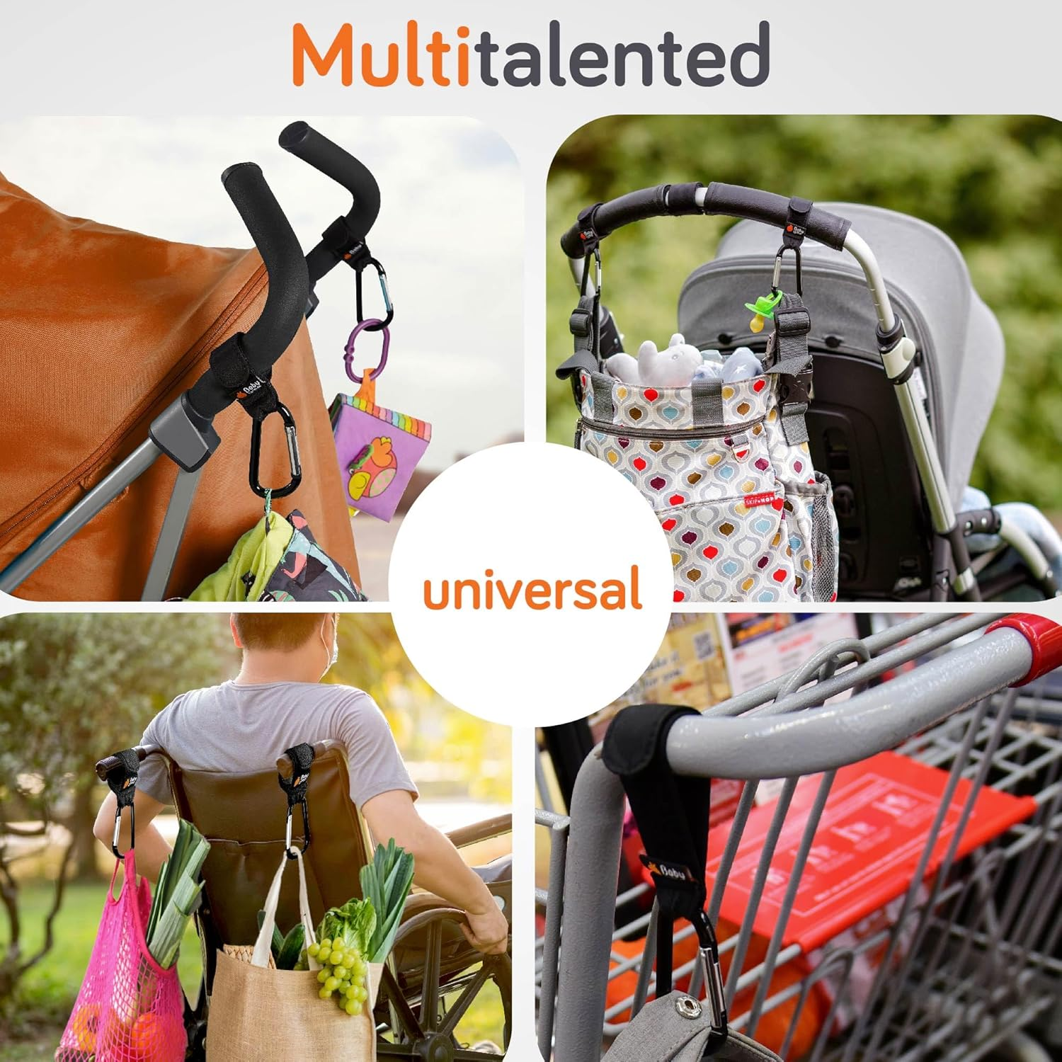 Baby Uma Stroller Hooks for Bags (2 Pack) - Universal Stroller Clips and Hooks, Non-Slip with One-Hand Opening, 11 Lb Weight Capacity, Baby Travel Essential - Black image number 4
