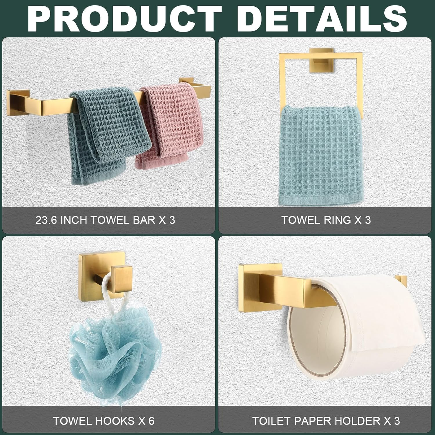 Gisafai 15 Pcs Bathroom Hardware Accessories Set, 23.6 Inch Bath Towel Bar Kit, Stainless Steel Bathroom Hardware Set, Towel Racks for Bathroom Wall Mounted (Brushed Gold) - Silver image number 3