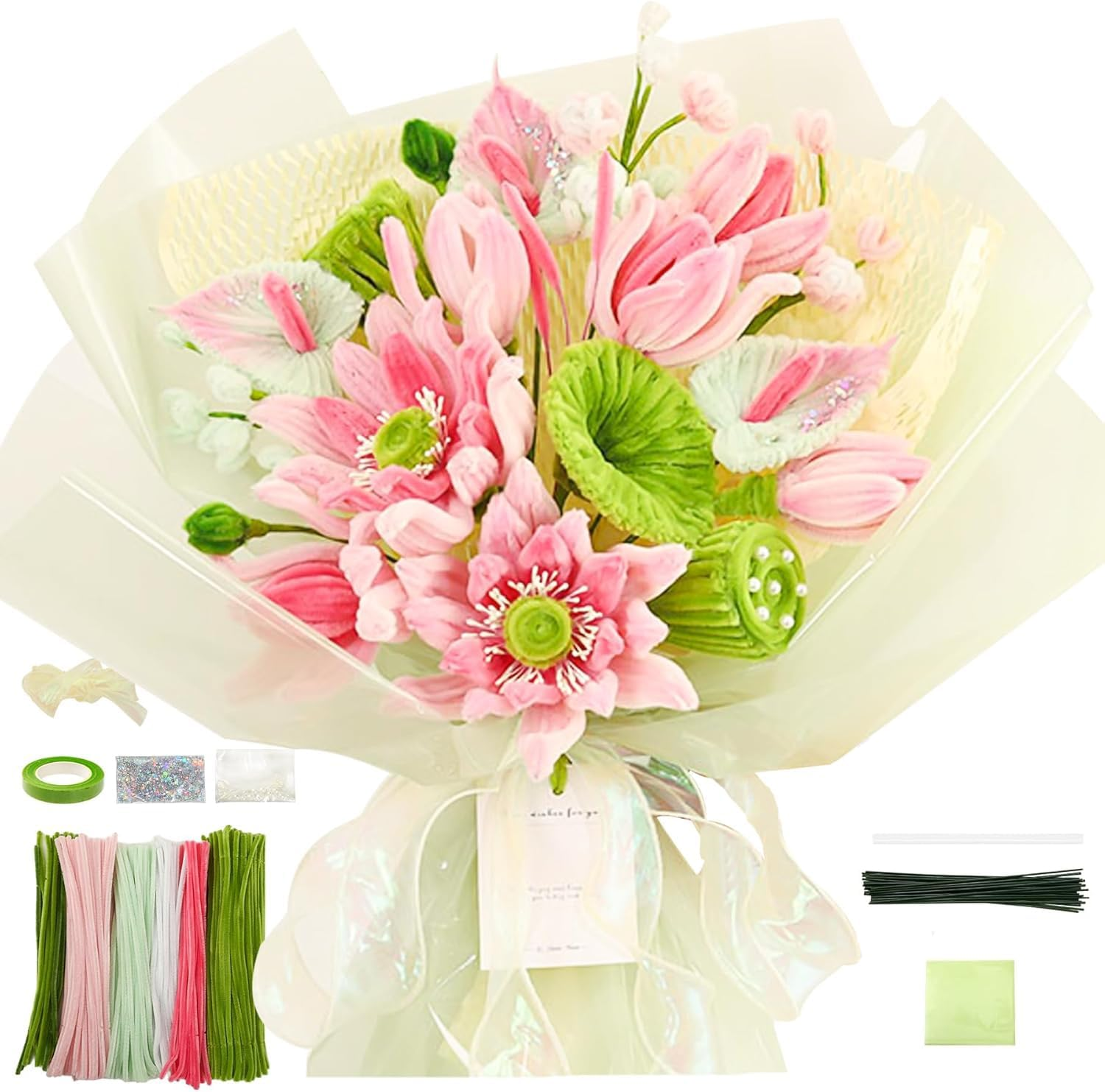 Pipe Cleaners Craft - Pipe Cleaners Flowers, Pipe Cleaner Flower Kit, DIY Pipe Cleaners Flower Bouquet Craft Supply Kit for Art Project Activity, Birthday Anniversaries Gifts image number 1