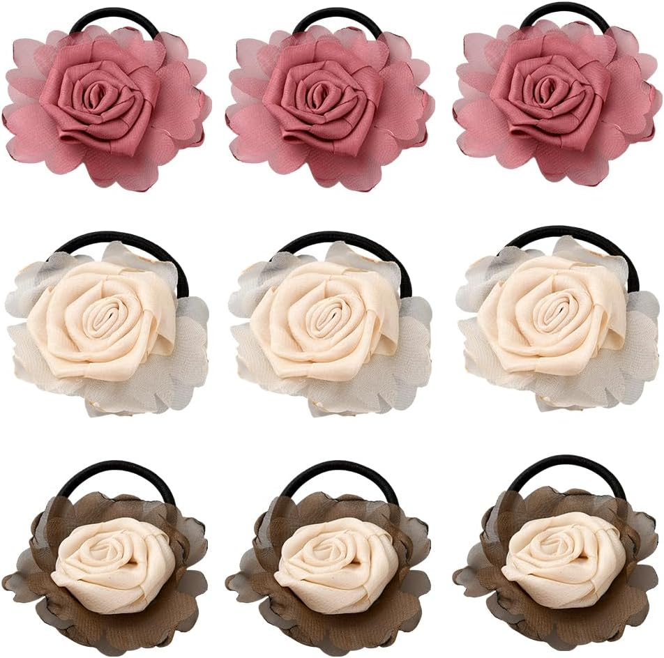 GOMAKERER 9 Pcs Flower Elastic Hair Ties, 3 Colors Floral Hair Bows Elastics Rubber Bands Scrunchy Hair Ties for Women Girls Wedding Bridal image number 4